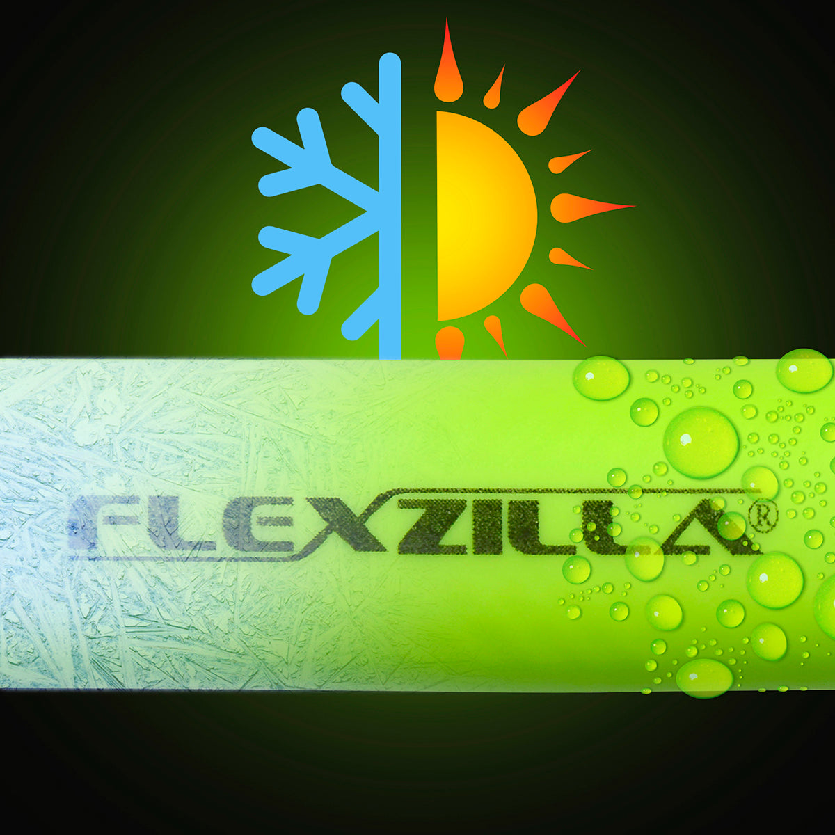Flexzilla logo with a sun and snowflake icon on a green background
