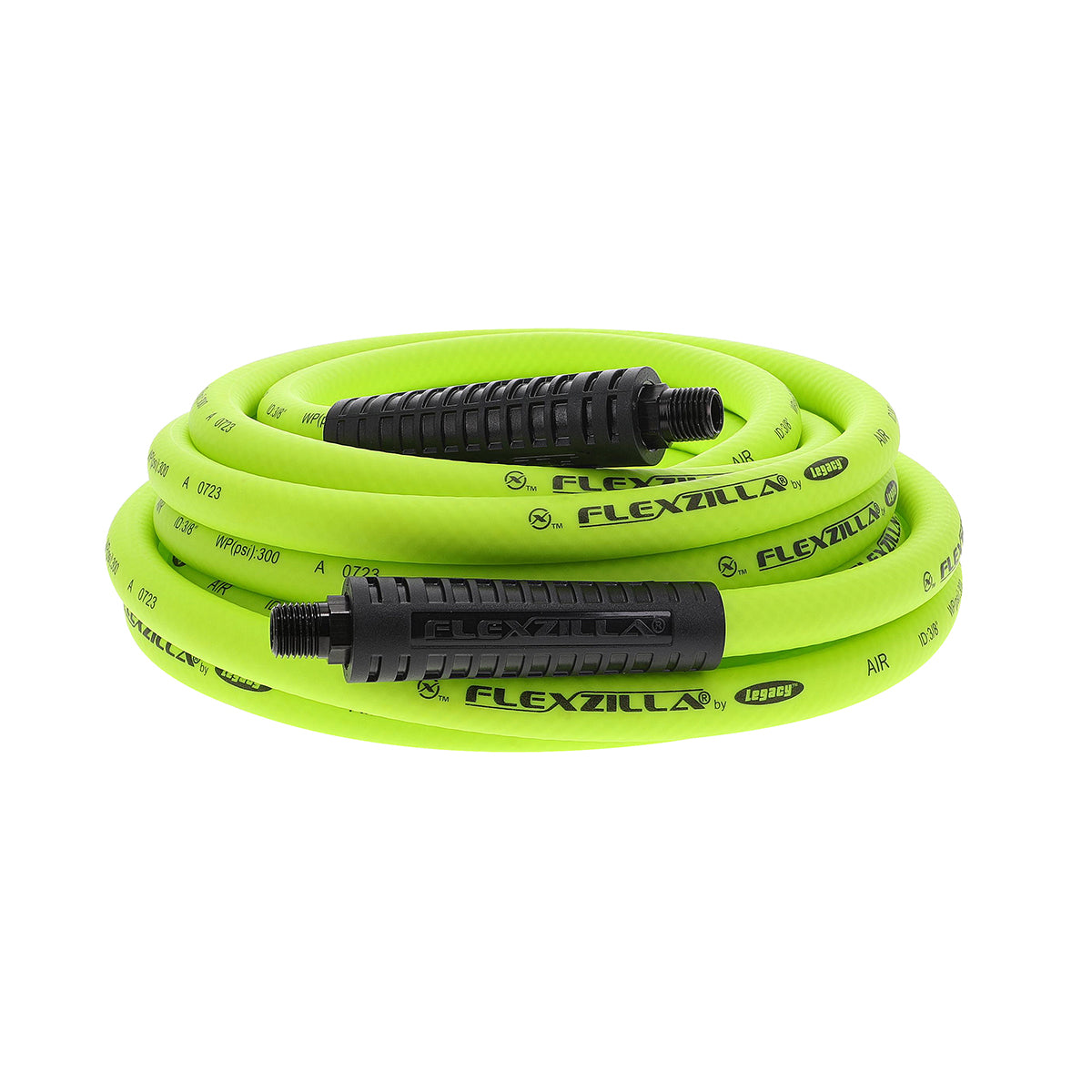 Flexzilla 25 foot Green air hose with black connectors on a white background