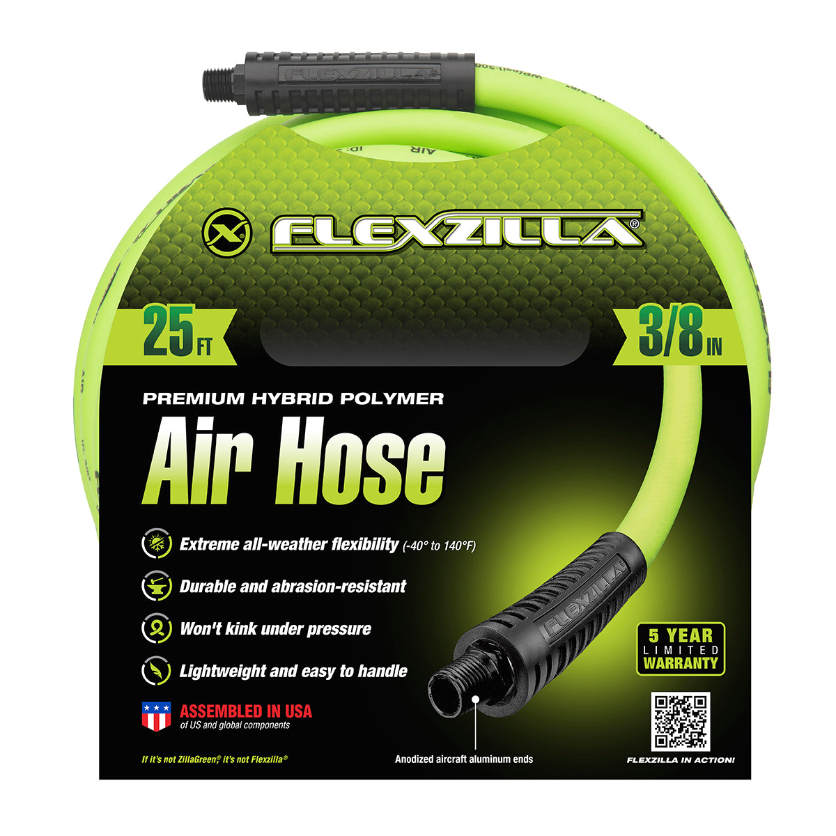 Flexzilla air hose packaging with green hose and black connectors on a white background