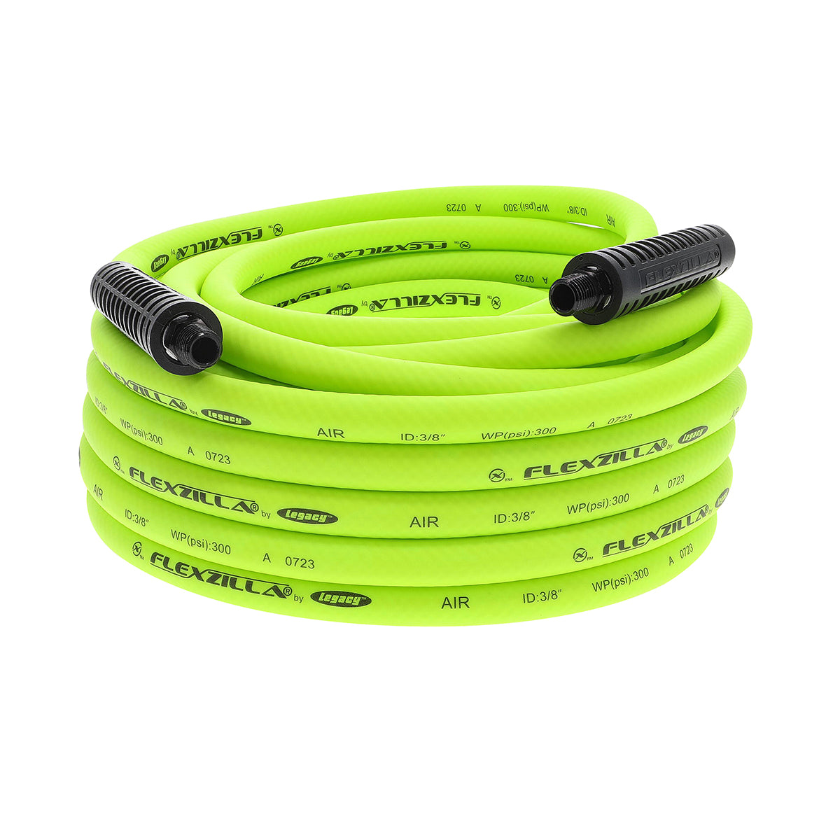 Flexzilla 50 foot Green air hose with black connectors on a white background