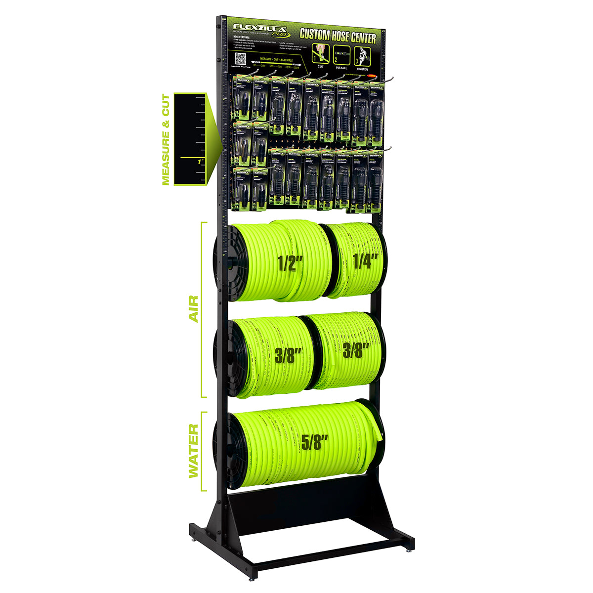 Display stand with measurements and green hose reels and Flexzilla branding on a white background
