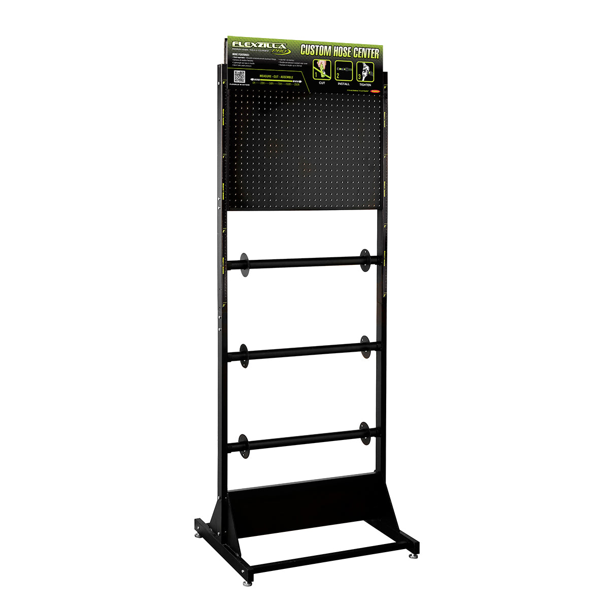Black display stand with Flexzilla logo on a white background