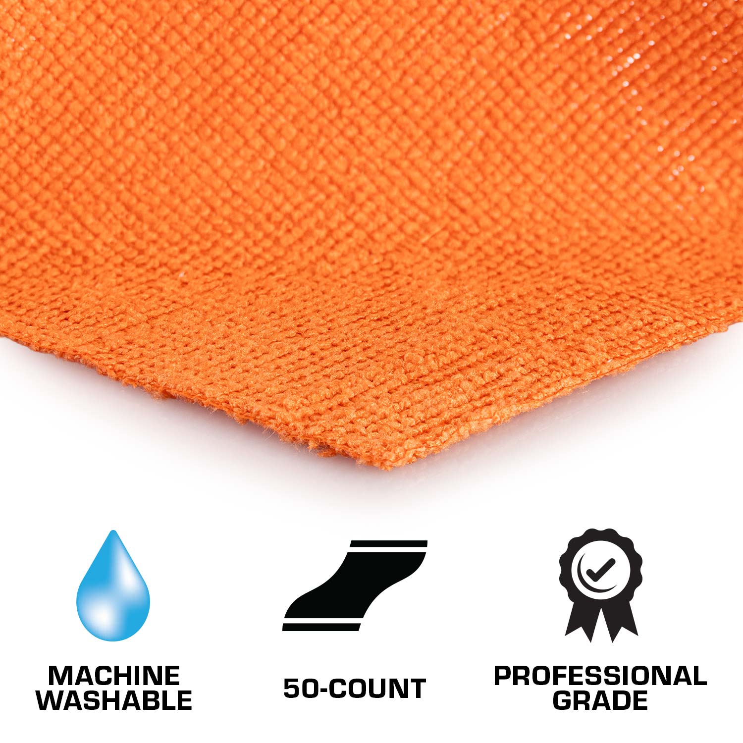 Close-up of an orange towel with machine washable, 50-count, and professional grade icons below.