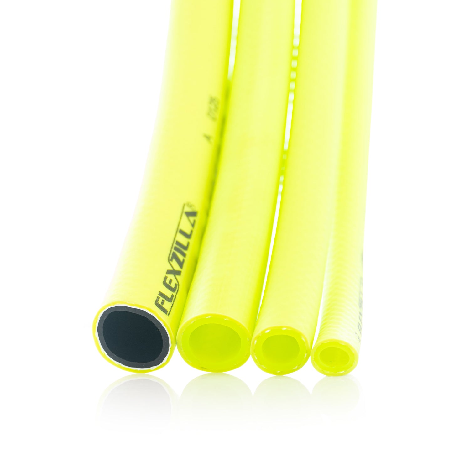 Four lime green hoses with Flexzilla branding on a white background