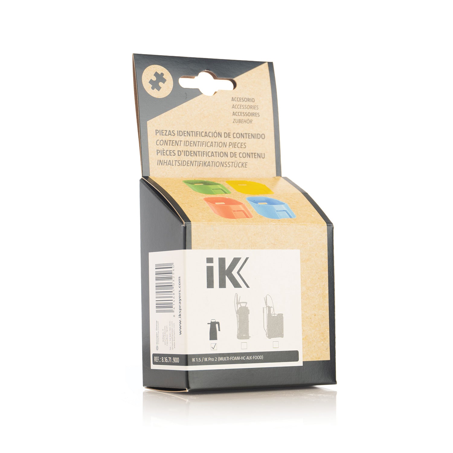 Display box with four colorful plastic IK Identification tabs on a white background