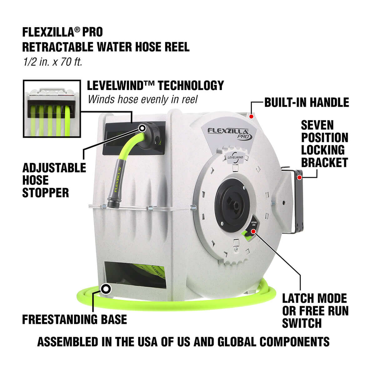 Flexzilla Pro retractable water hose reel with features highlighted on a white background