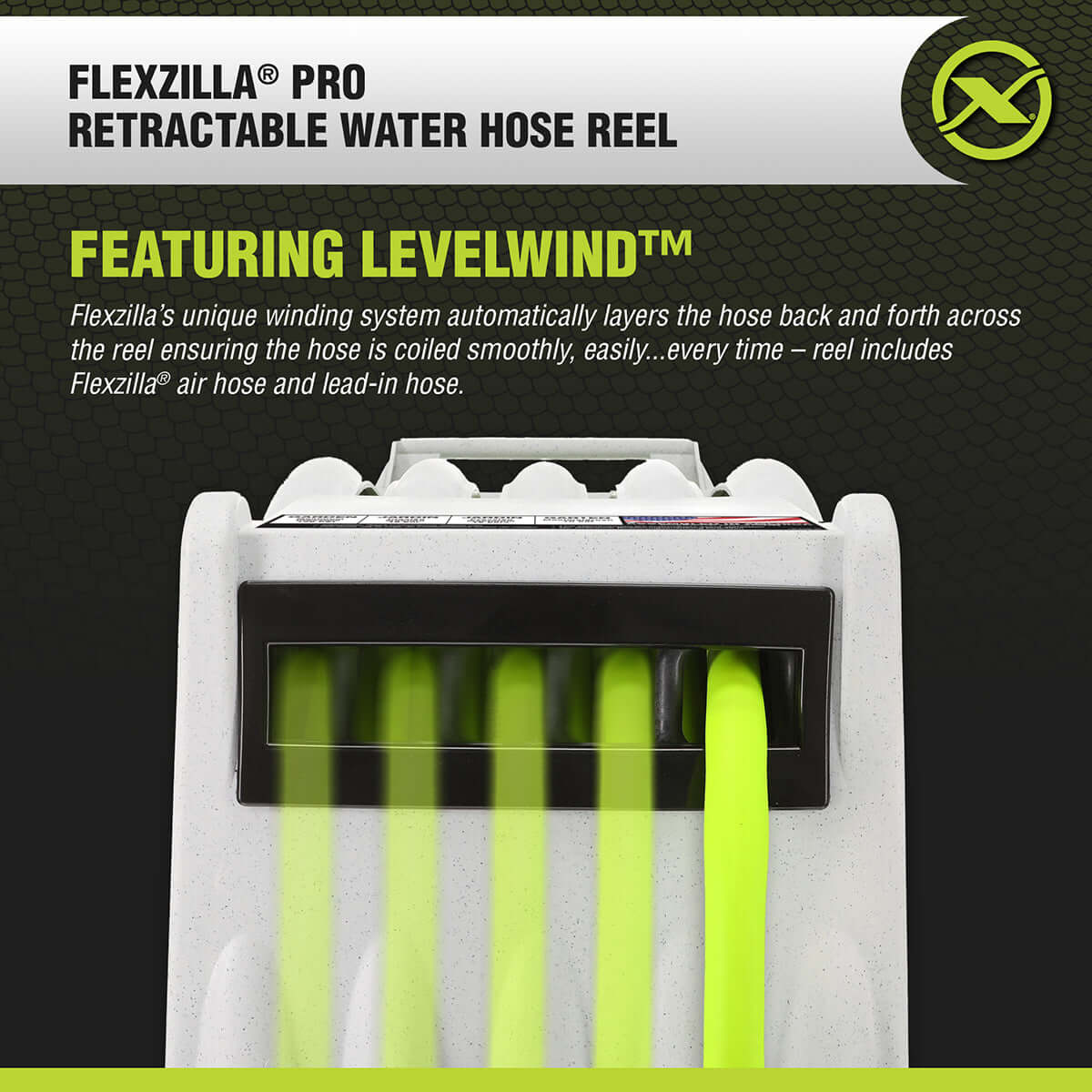 Flexzilla Pro retractable water hose reel with Levelwind system on a black background