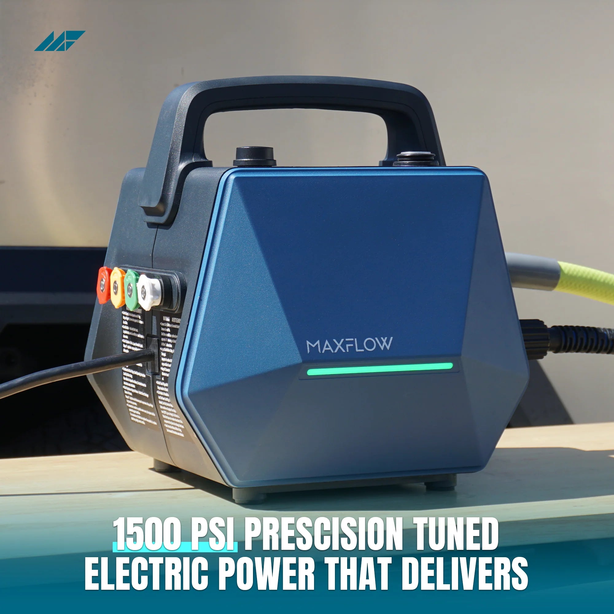 Blue MAXFLOW device with hose on a reflective surface, featuring text about pressure and power.