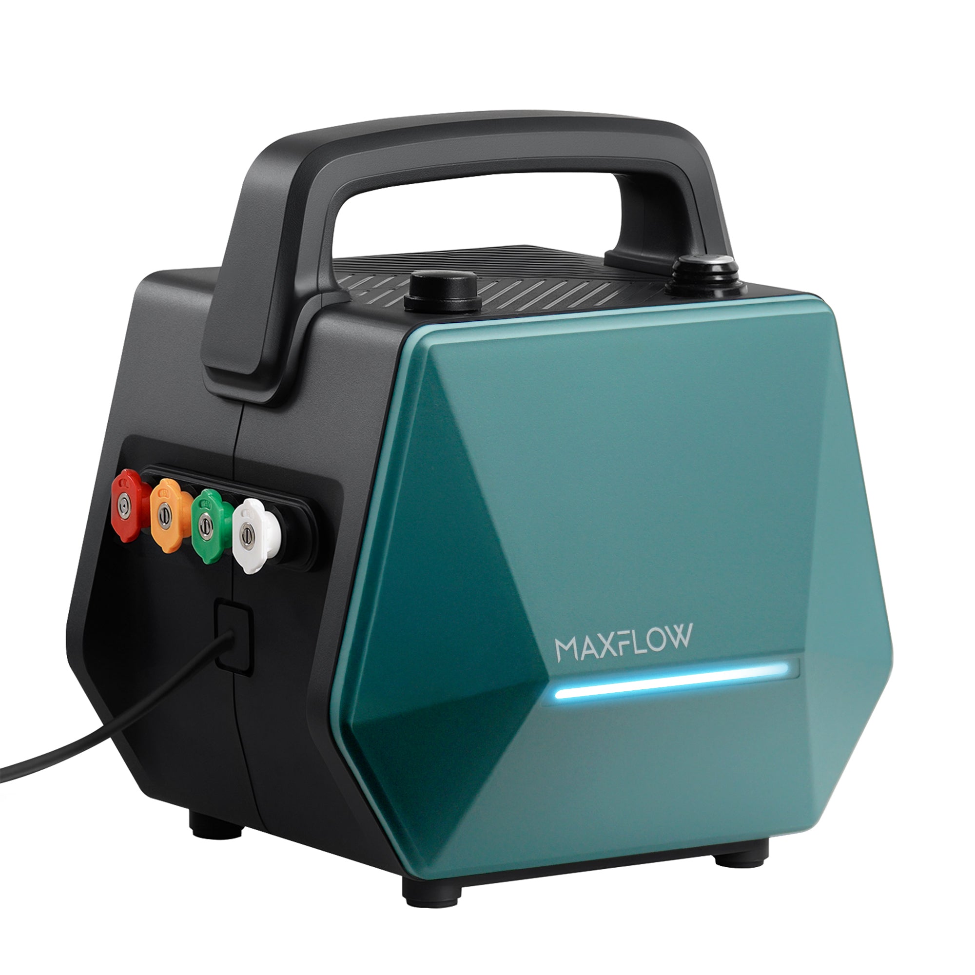 A MAXFLOW portable pressure washer with a teal green front panel and black body, featuring a top handle, steam outlets on the side, and a power cord, shown on a white background.