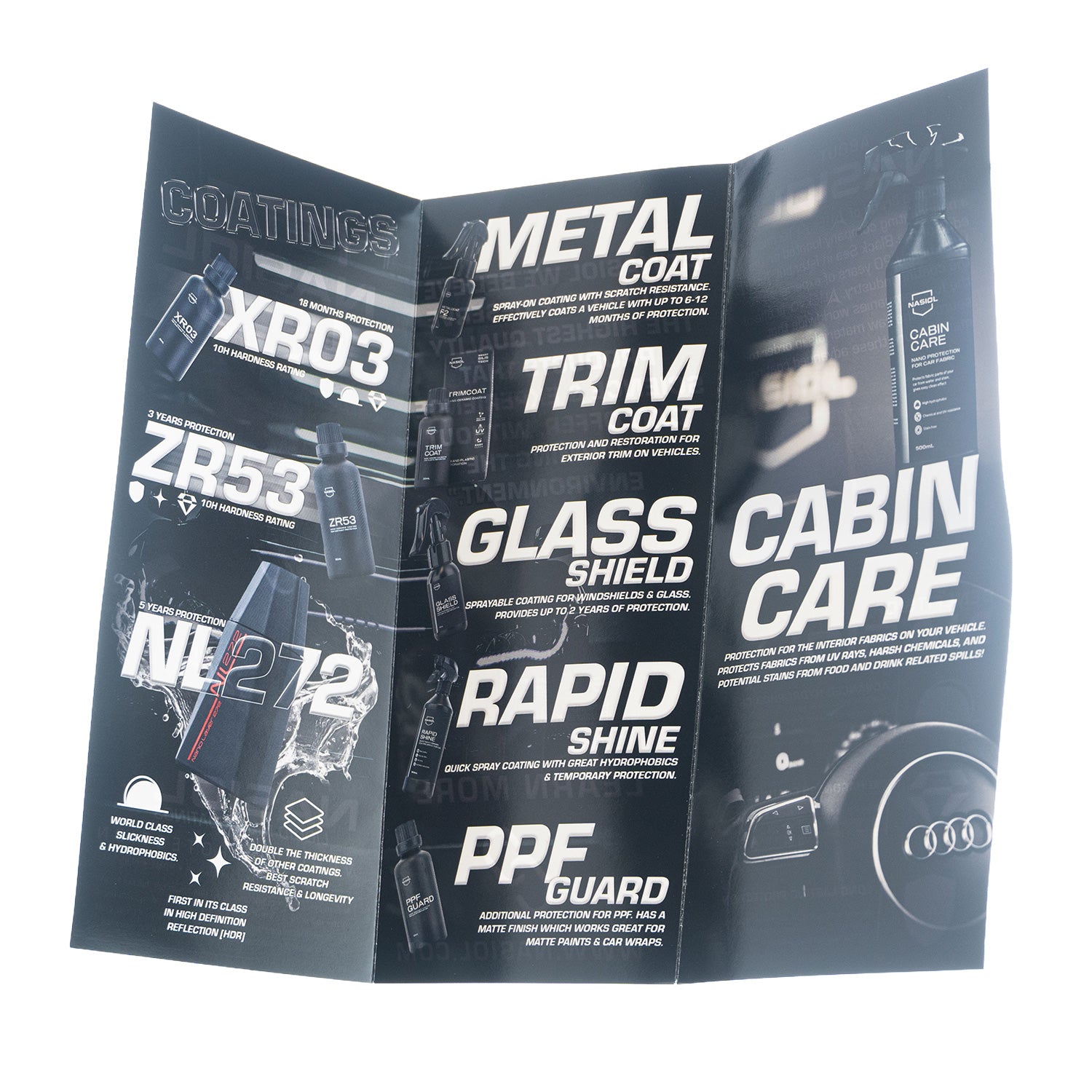 Car care product brochure with various nasiol ceramic coatings listed