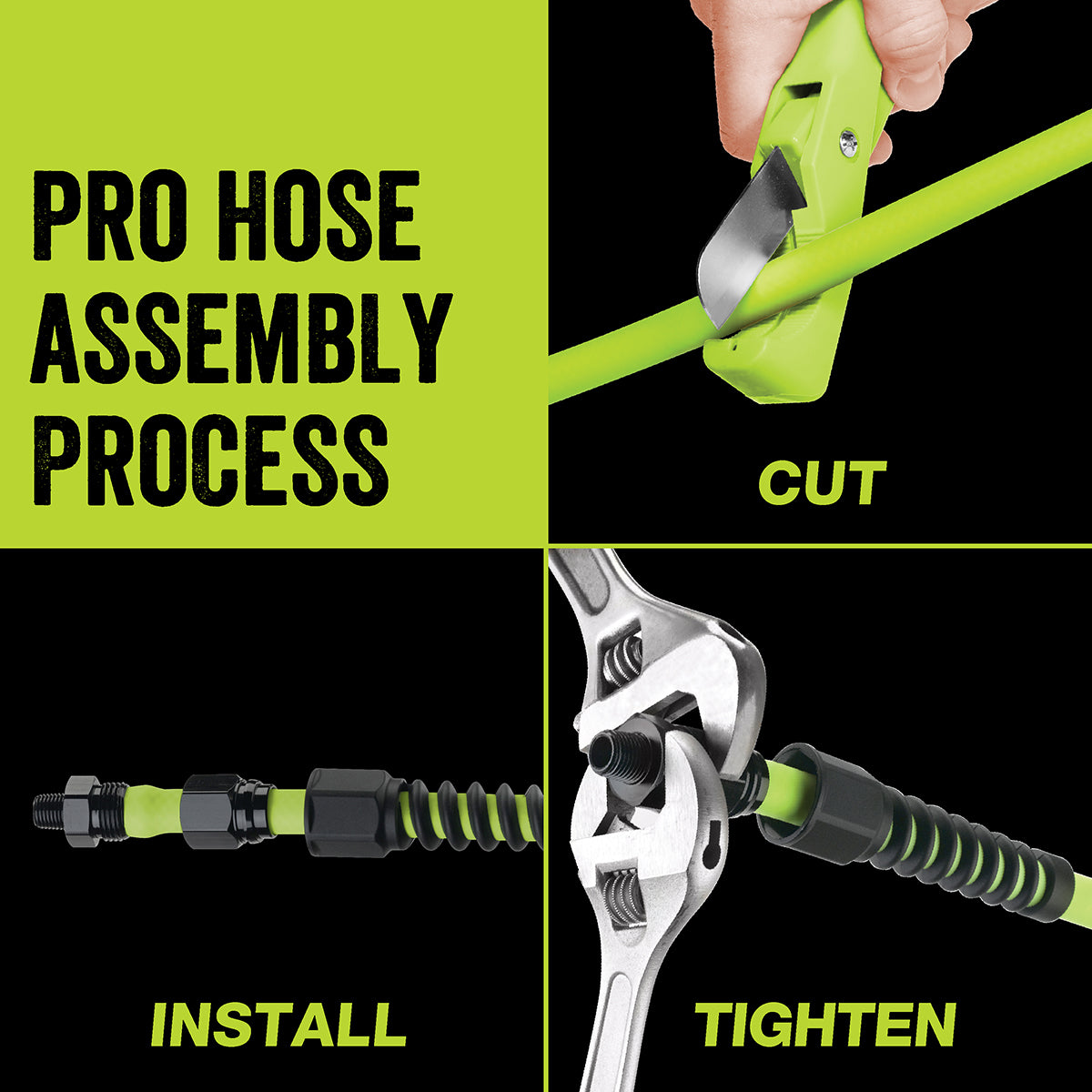 Step-by-step guide to assembling a pro hose with text labels on a green and black background.