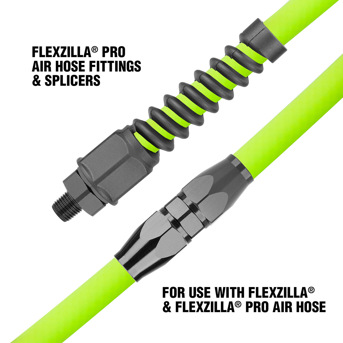 Flexzilla Pro air hose fittings and splicers with a white background