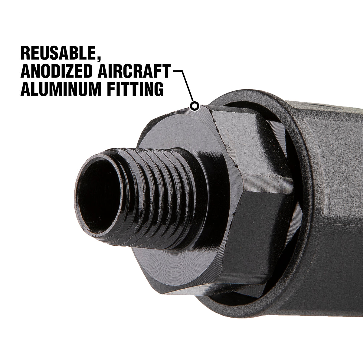 Reusable anodized aircraft aluminum fitting with text on a white background