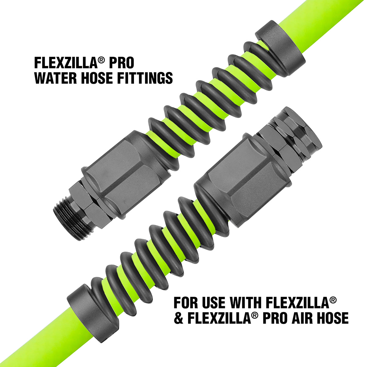 Flexzilla Pro water hose fittings with green and black design on a white background