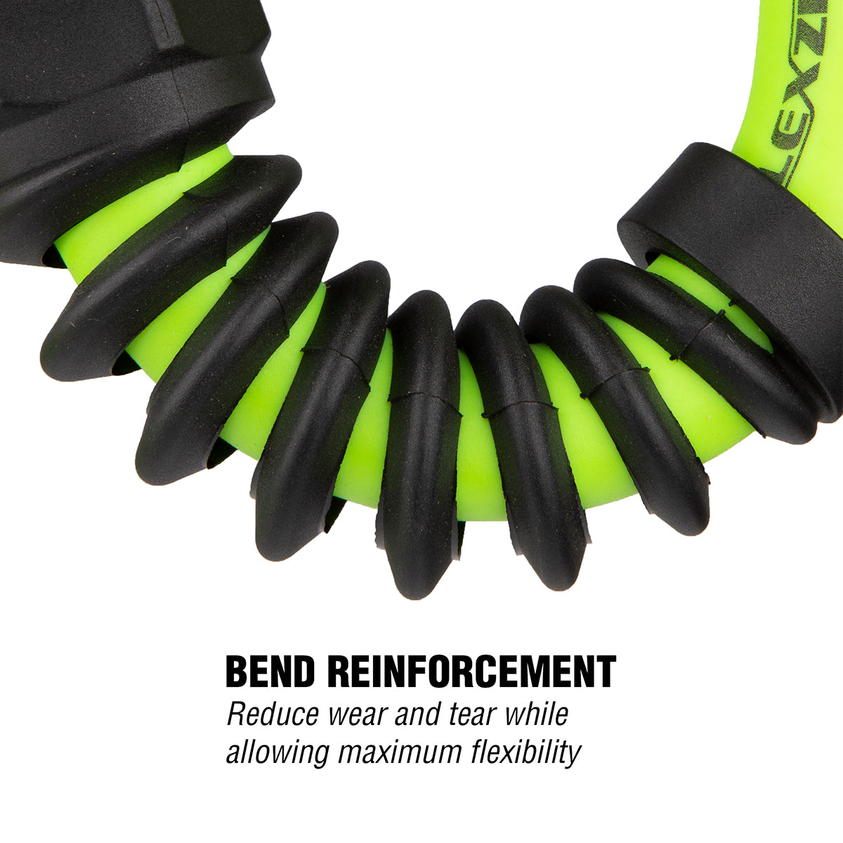 Coiled black and gree flexzilla hose with 'EXZ' branding, highlighting bend reinforcement feature.