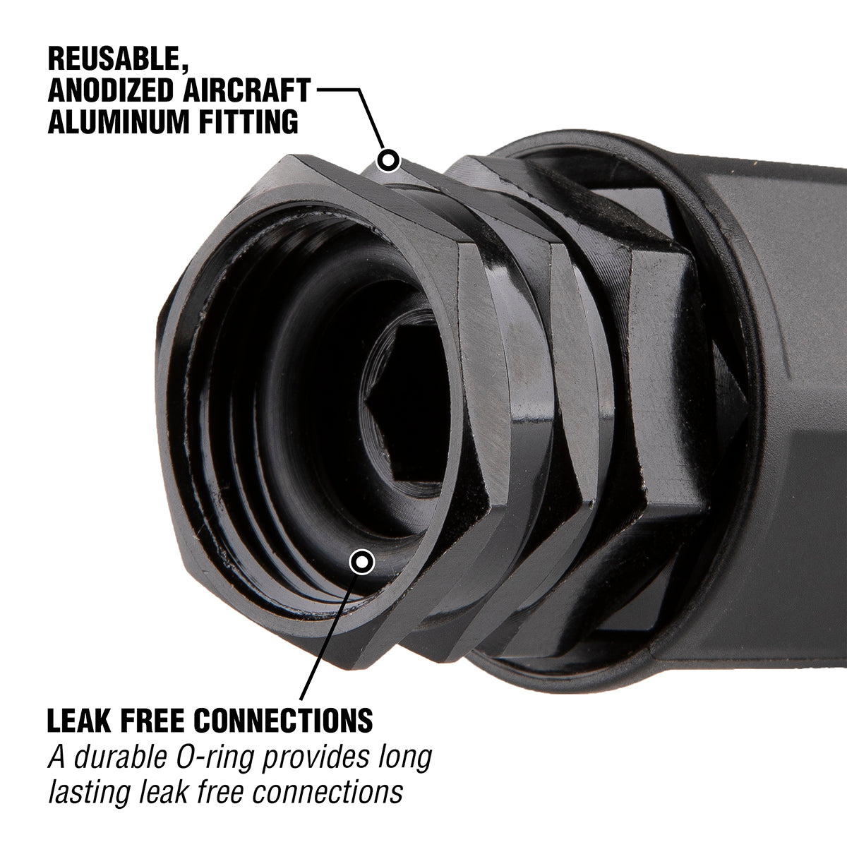Reusable anodized aircraft aluminum fitting with text highlighting features on a white background