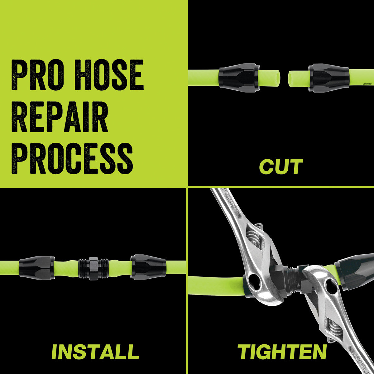 Step-by-step guide to pro hose repair process with tools and text labels on a green and black background.