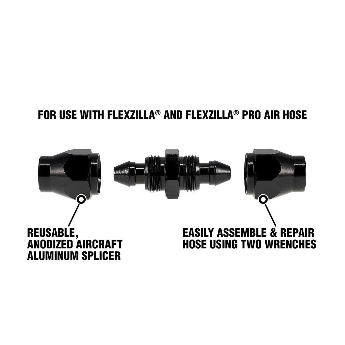 Flexzilla 1/4 inch black hose splicer with proper labeling on a white background