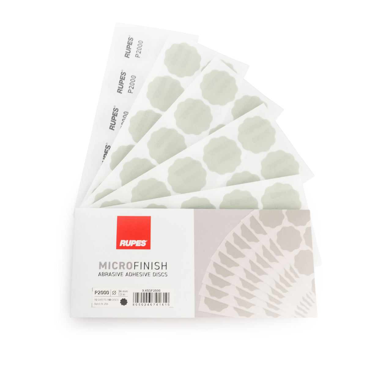RUPES MicroFinish P2000 denibbing discs 9.45DF2000 fanned above the sealed envelope