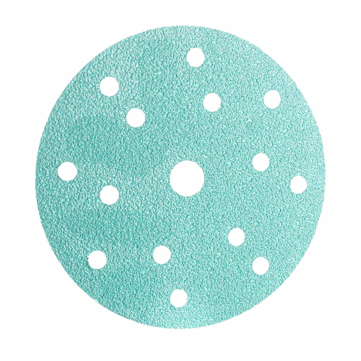 Close up of a RUPES PROCUT green abrasive film disc face and its 15 hole pattern