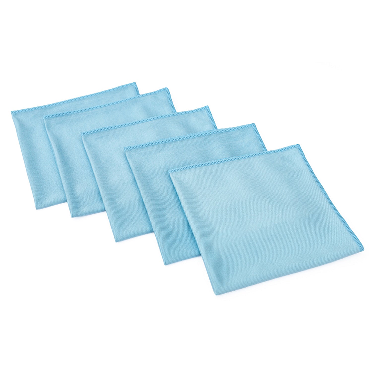 Set of five light blue square glass towels on a white background
