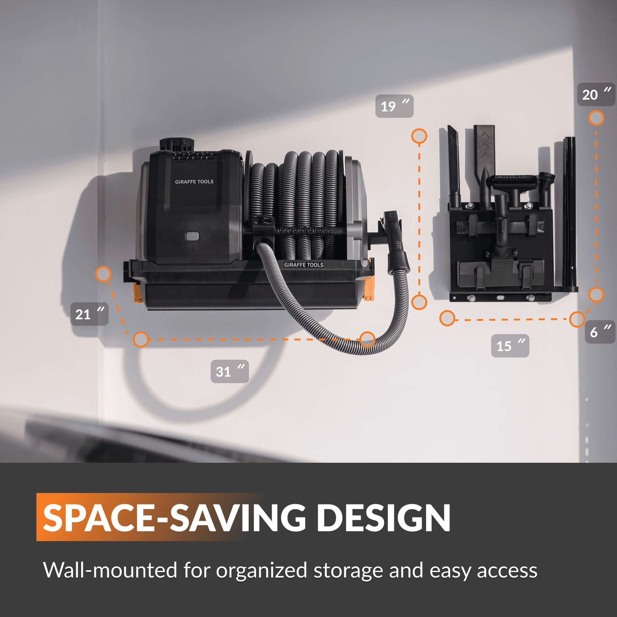 Wall-mounted tool organizer with labeled components and text 'Space-saving design'.