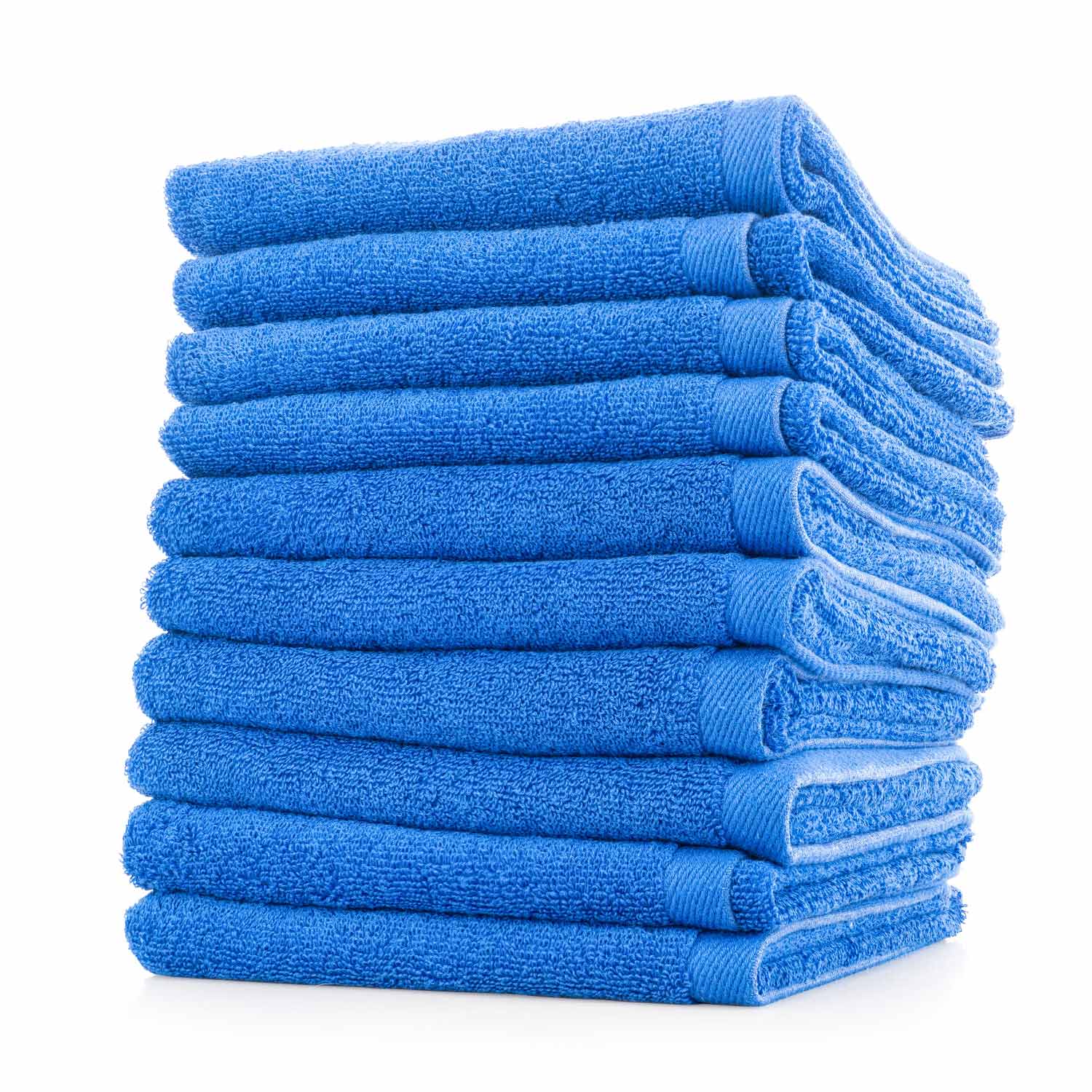 Stack of blue towels on a white background