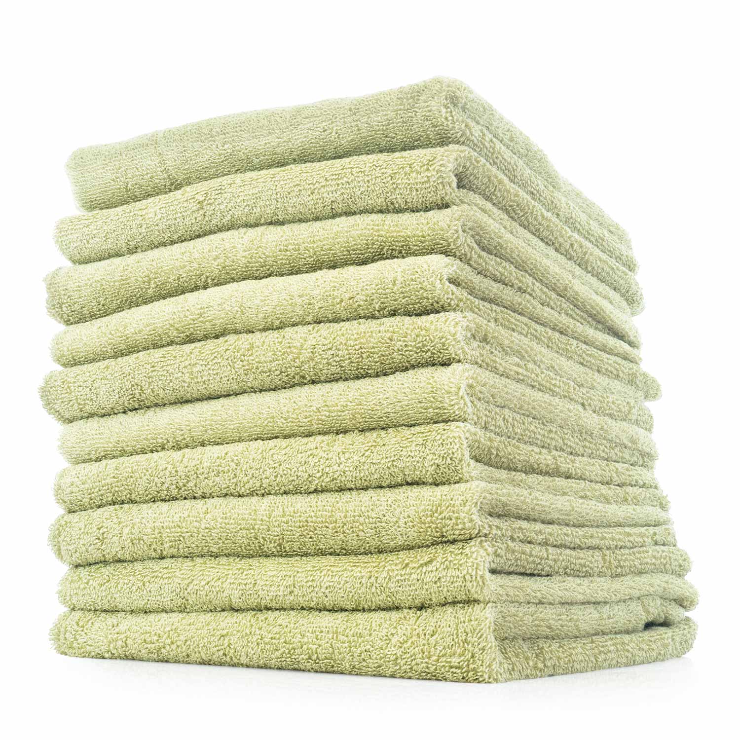 Stack of green towels on a white background