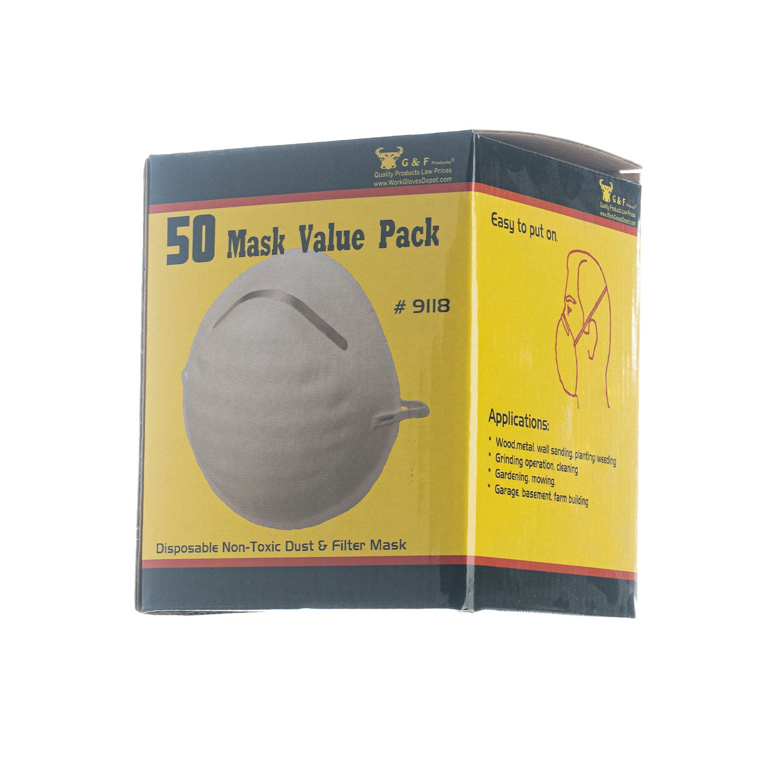 Packaging of disposable dust and filter masks with a yellow and black design on a white background