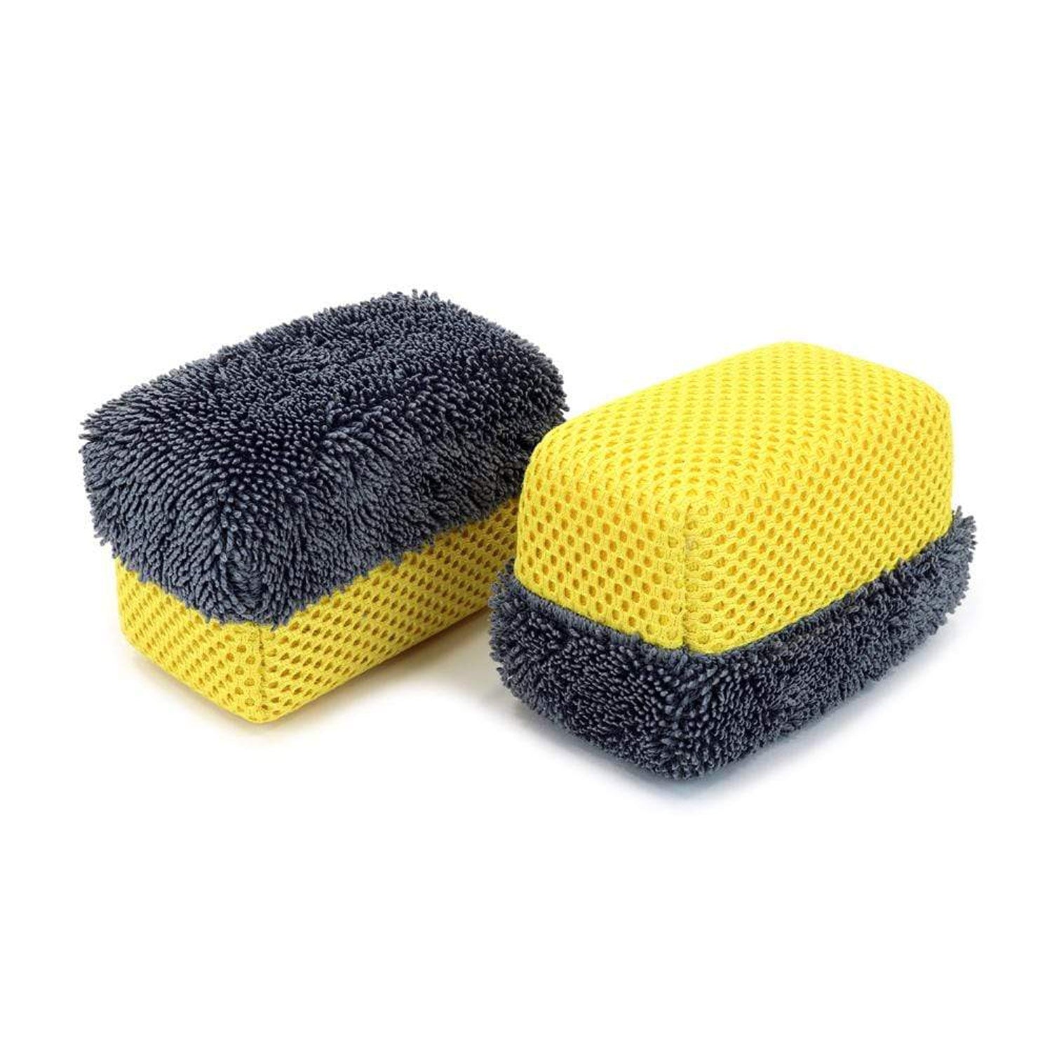 Two tire dressing applicators, both yellow with grey microfiber, on a white background