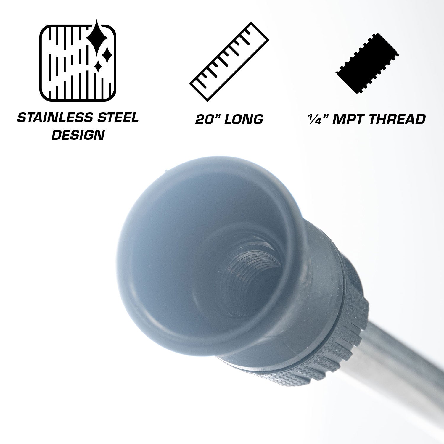 Black metal fitting with specifications on a white background