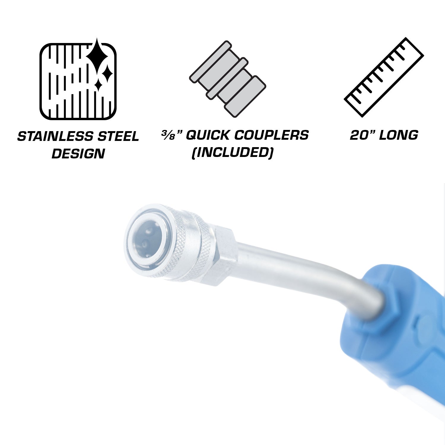 Hydrojet with stainless steel design, quick couplers, and length specifications on a white background