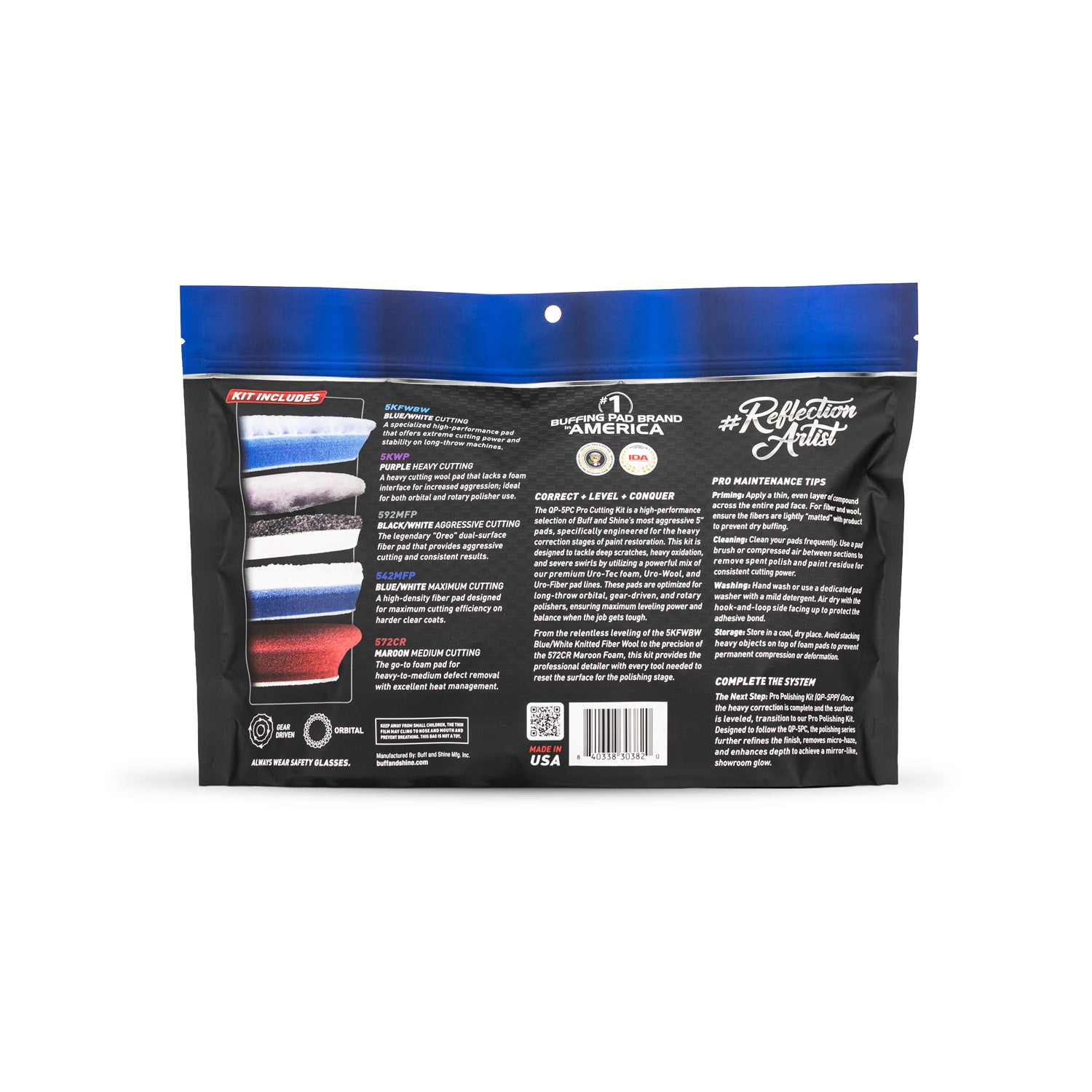 Back view of a buff and shine packaging with brand details on a white background