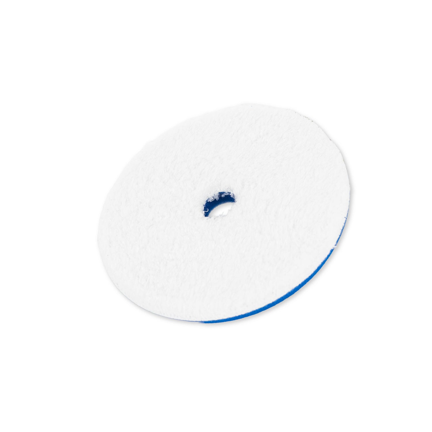 Round white and blue uro-fiber buffing pad on a white background