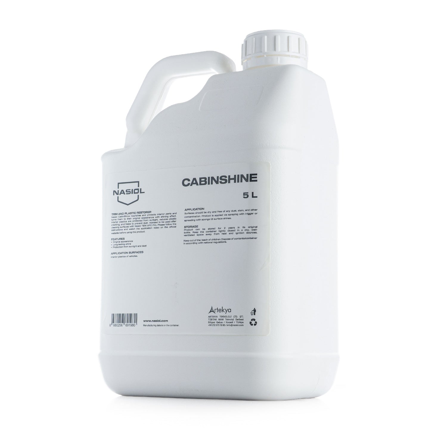 Large 5 Liter white container labeled 'Nasiol Cabin shine' on a white background