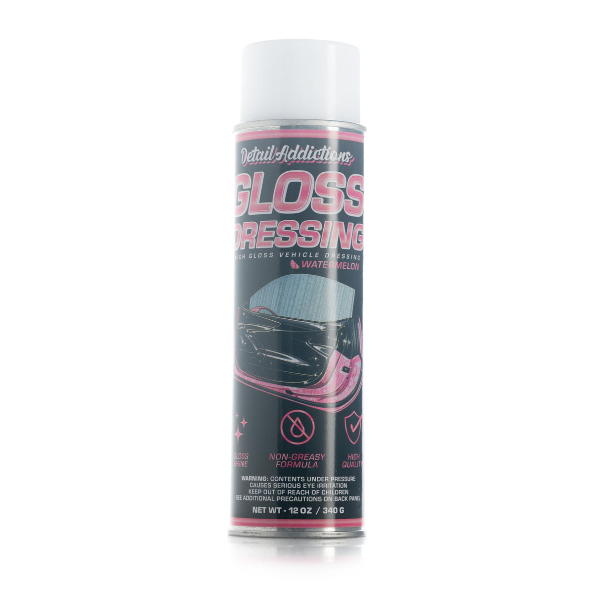 Detail Addictions Premium Gloss Dressing, no-wipe high gloss vehicle dressing in a 12 oz aerosol can
