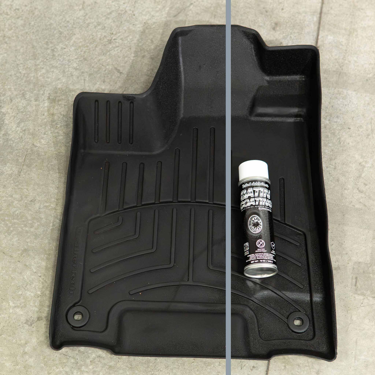 Detail Addictions Premium Satin Coating before and after restoring a faded black rubber floor liner
