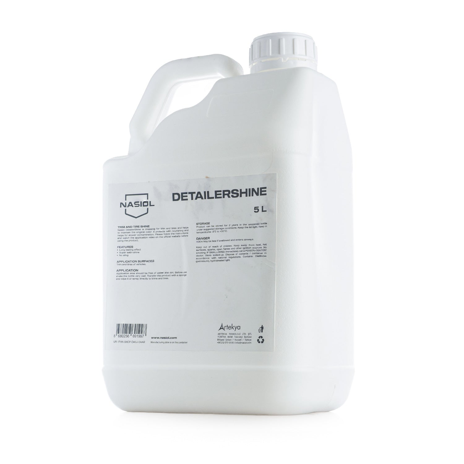 Large 5 Liter Nasiol white container with 'Detailer shine' label on a white background