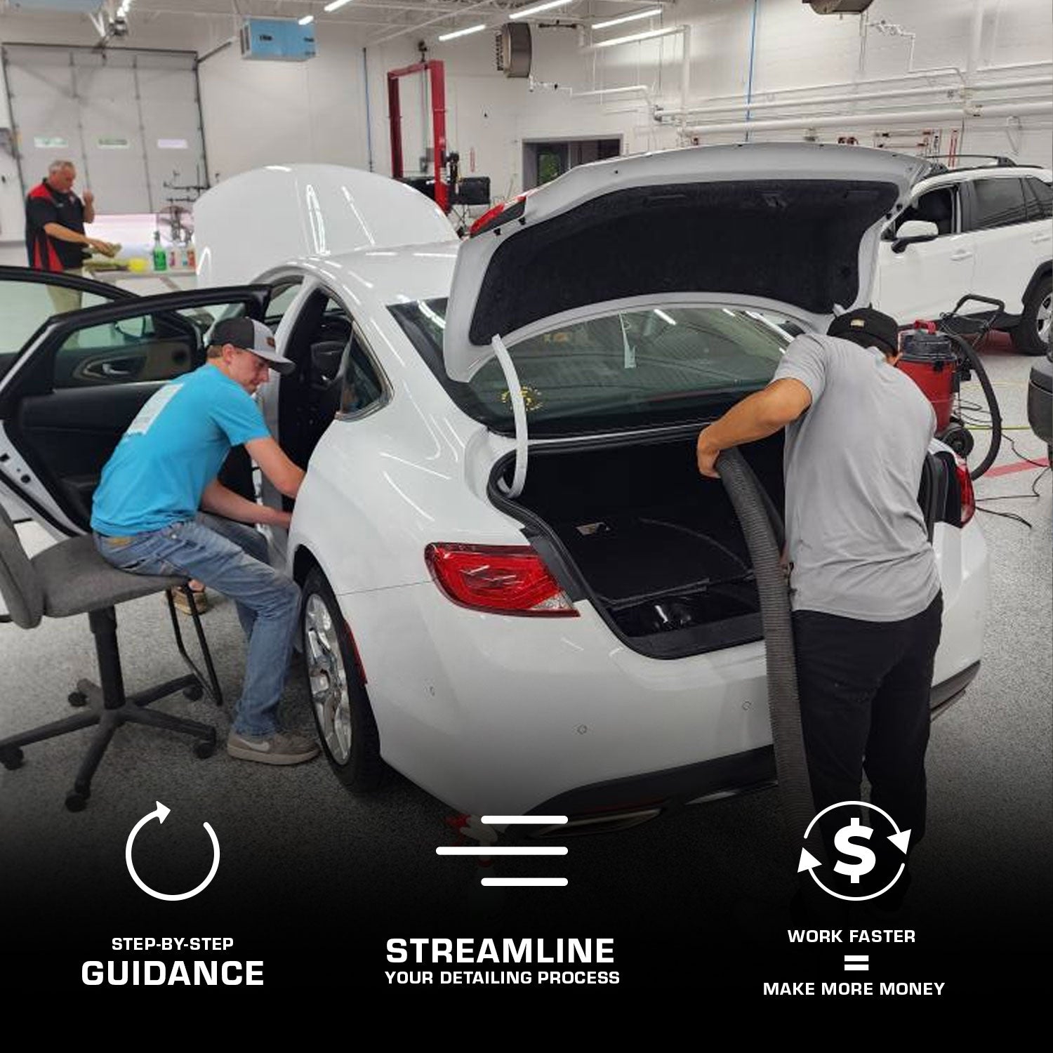 Two mechanics working on a white car in a garage with text about streamlining detailing processes.