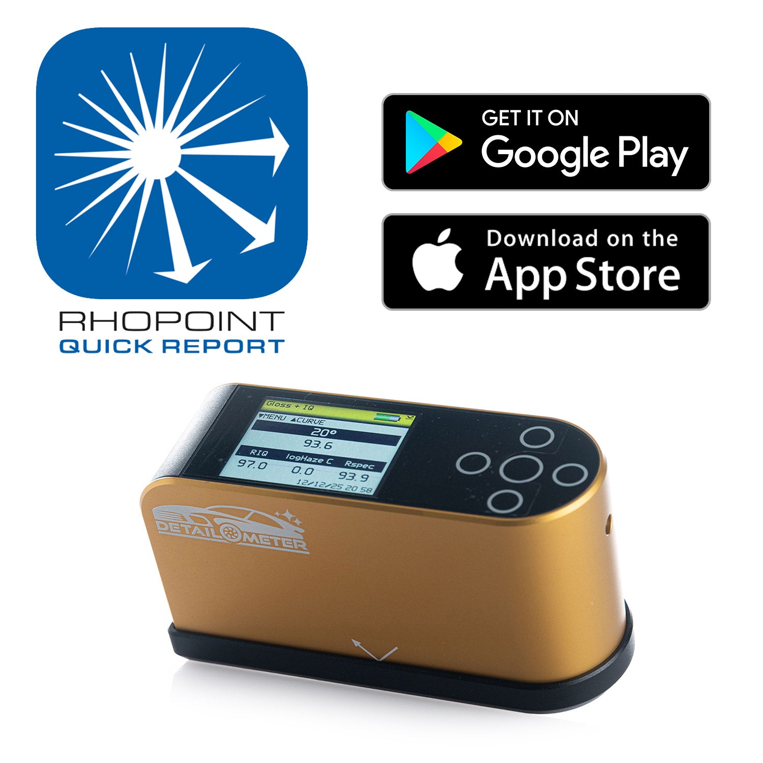 Gold Detailometer evice with digital display and Rhopoint Quick Report branding, featuring app store download icons.