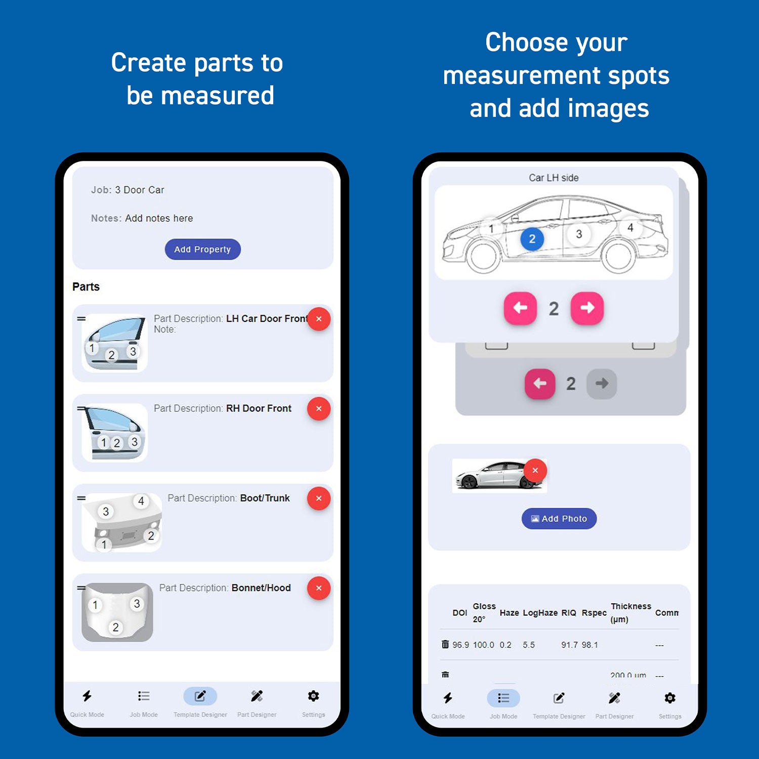 Two smartphone screens showing a car measurement app with parts list and car diagram.