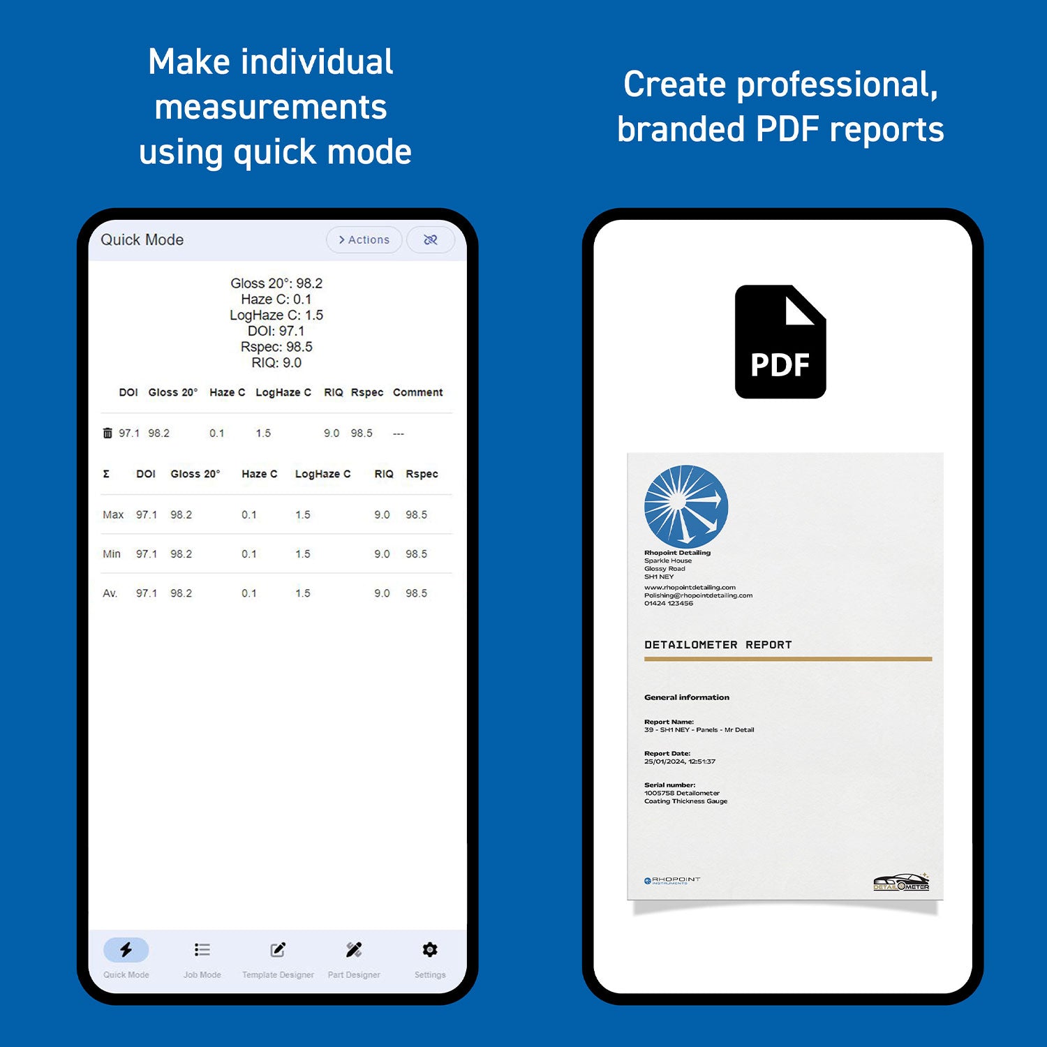Two smartphone screens showing measurement app and PDF report on a blue background