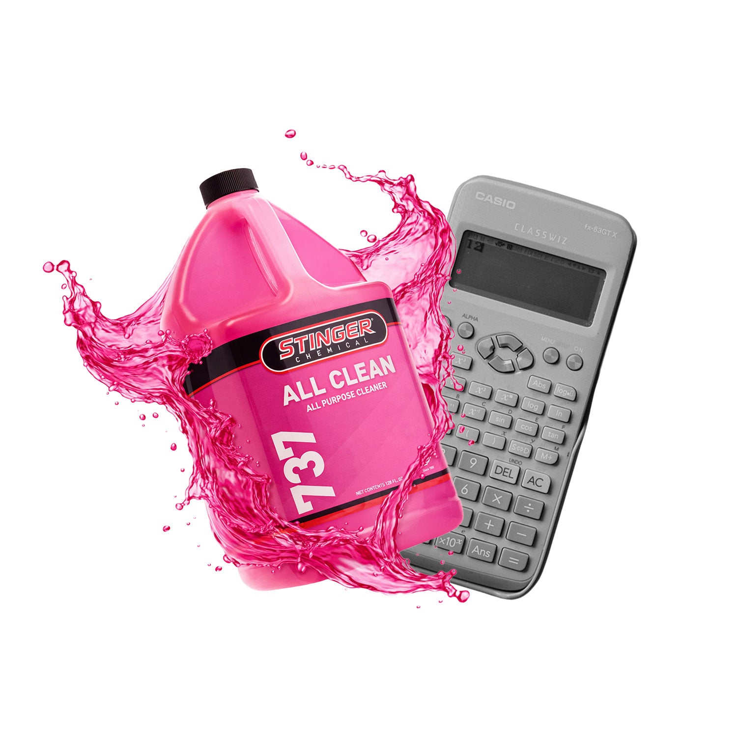 Pink cleaning solution bottle with black cap and calculator on a white background