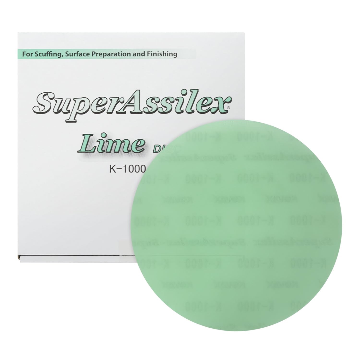 Lime K-1000 SuperAssilex sanding disc with packaging on a white background