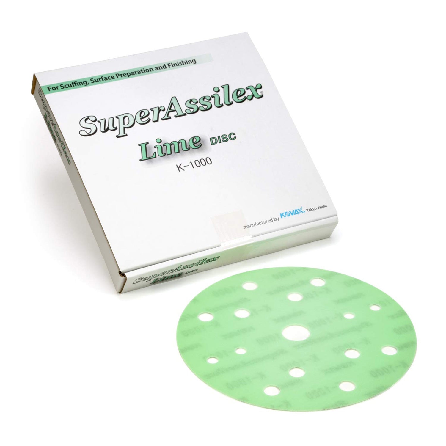 SuperAssilex lime green k-1000 disc with packaging on a white background