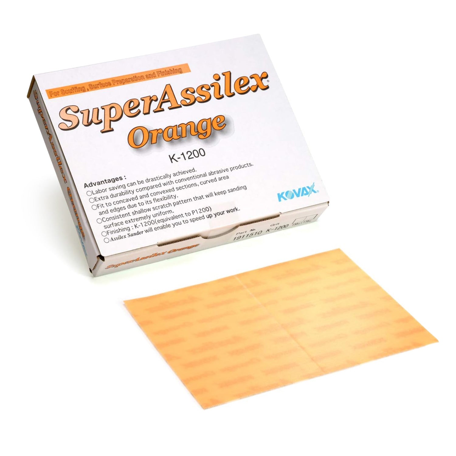 Kovax Super Assilex Sheet K-1200 packaging with a sample sheet on a white background