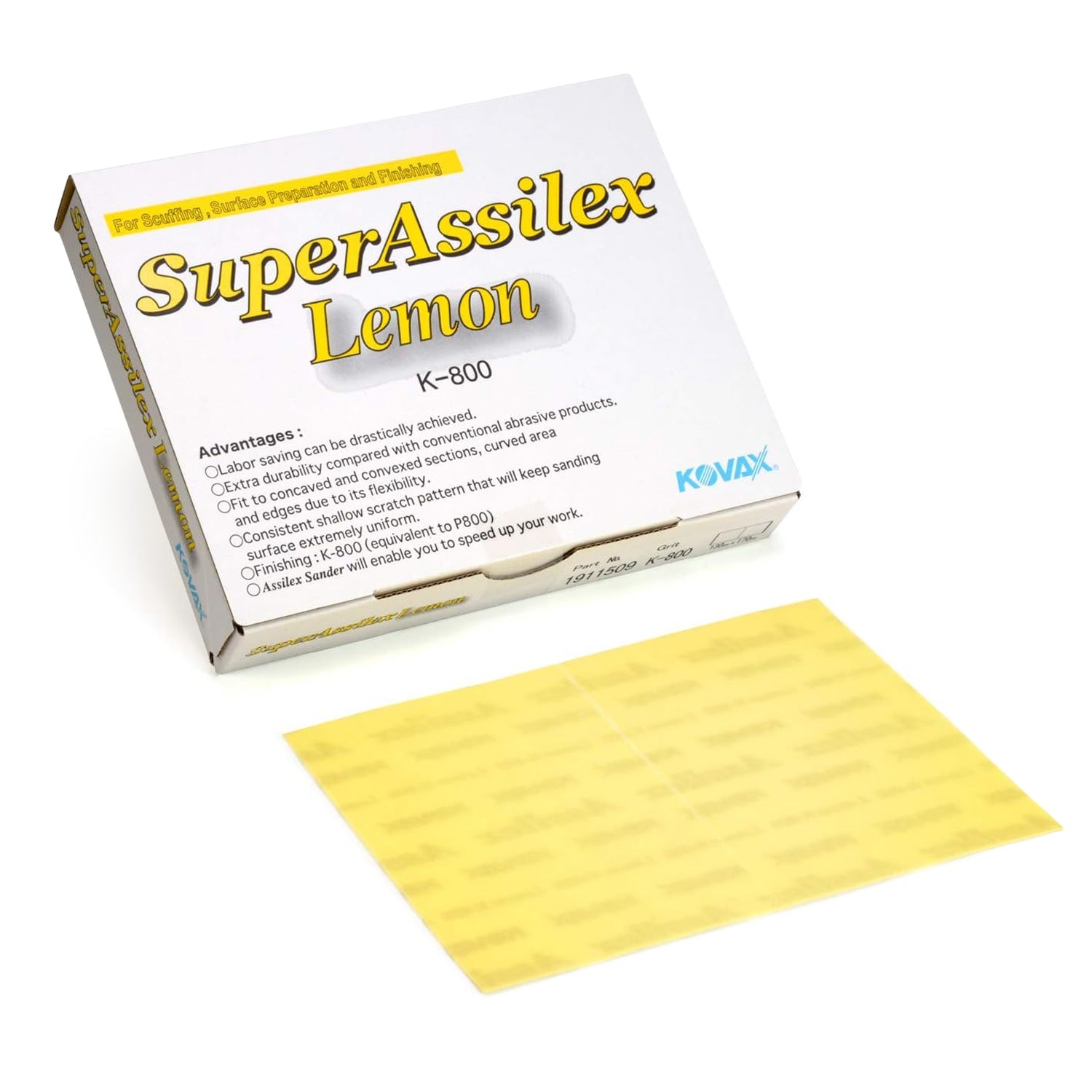Kovax Super Assilex Sheet K-800 packaging with a sample sheet on a white background