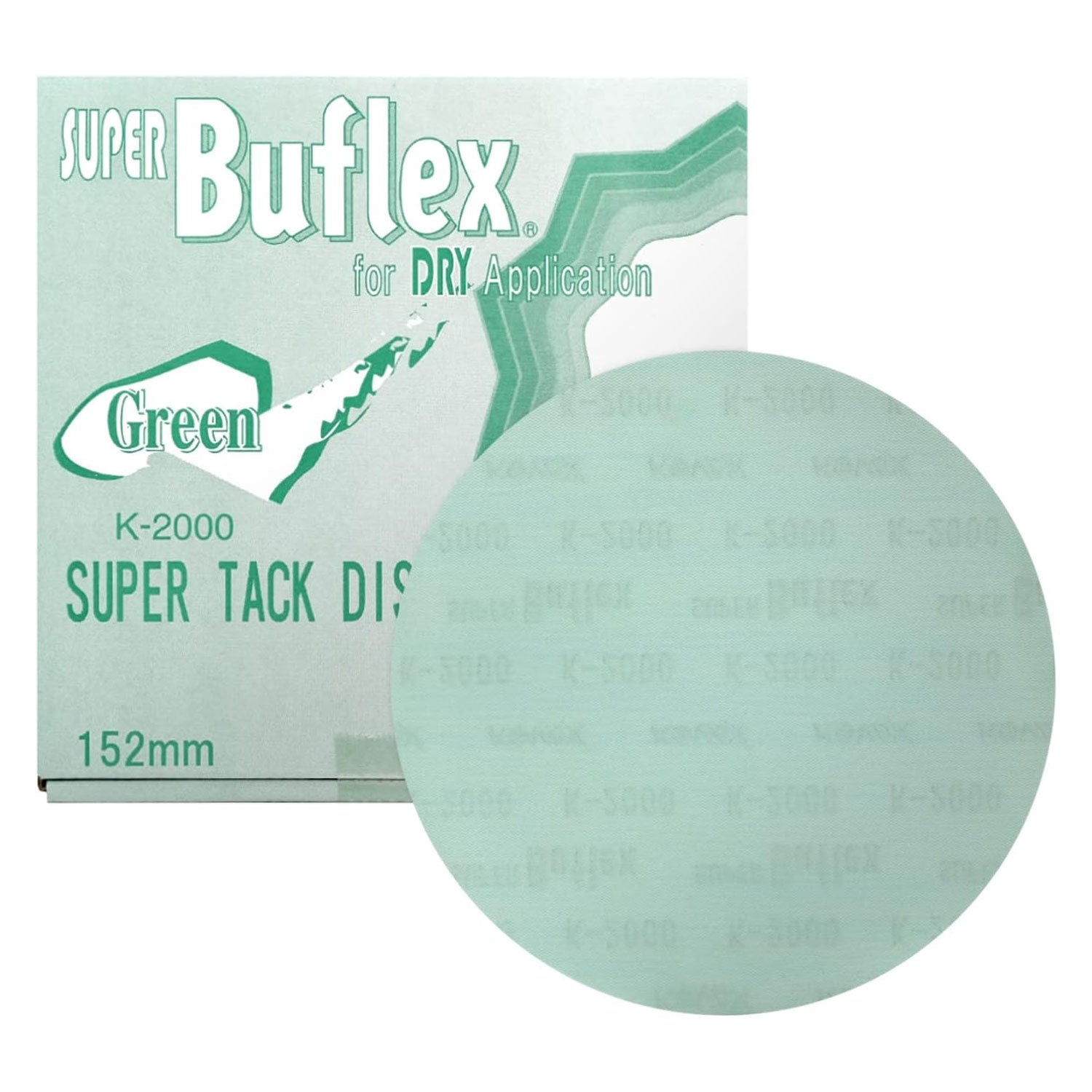 K-2000 Green No Hole Super Bufflex Super Tack Disc with packaging on a white background