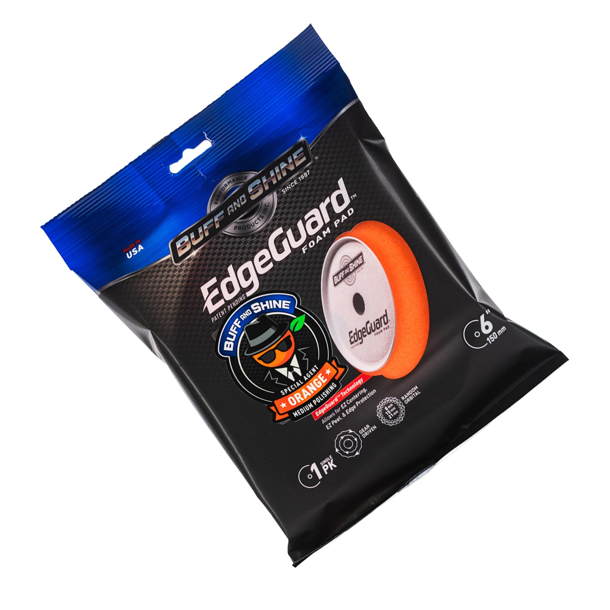 buff and shine agent orange 6 inch pad packaging on a white background