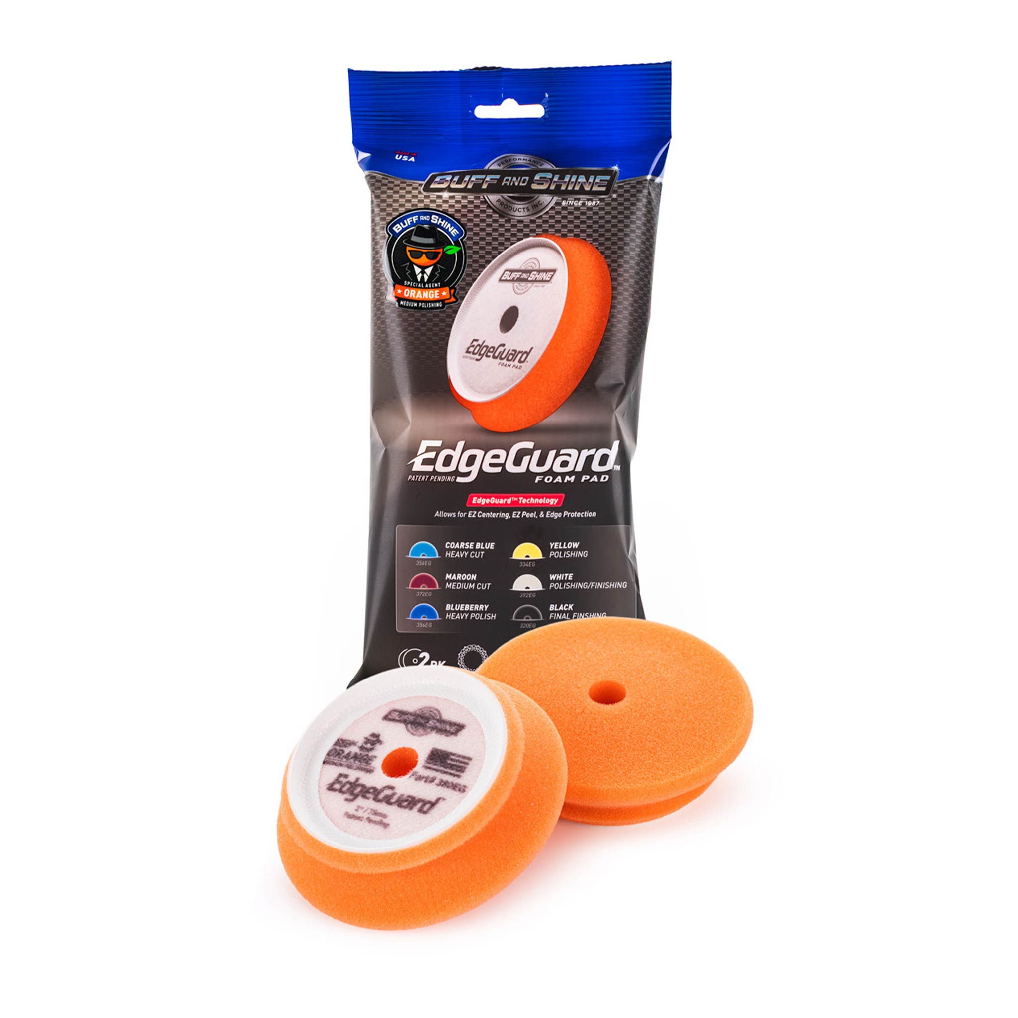 buff and shine agent orange 3 inch pads with packaging on a white background